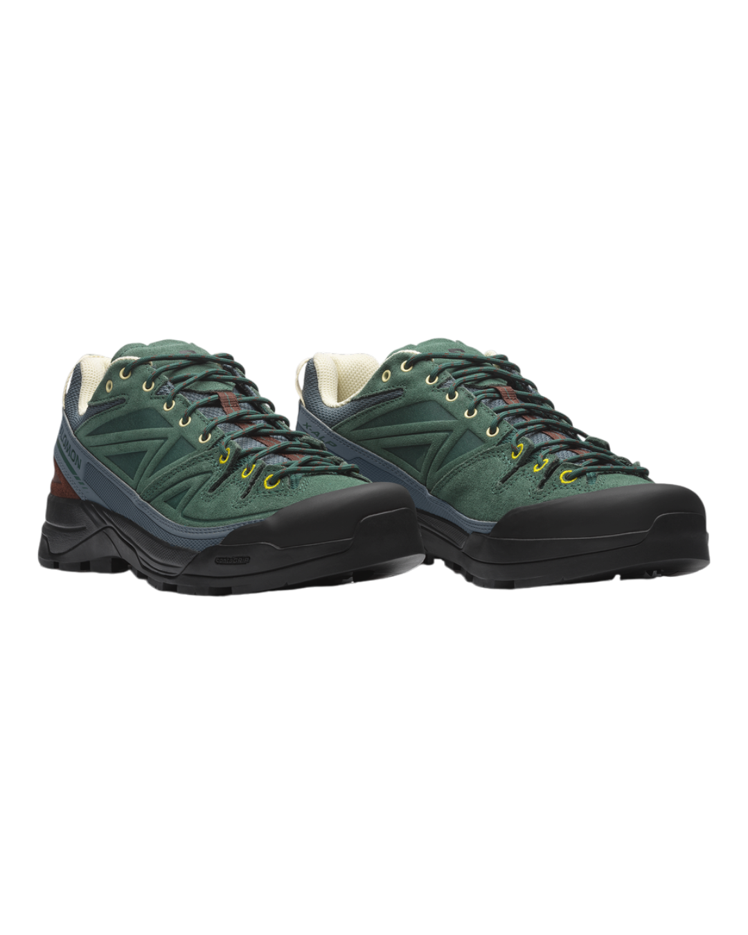 Baskets Salomon X Alp Low Leather Merci Paris en cuir vert et noir, style technique outdoor avec semelle crantée
