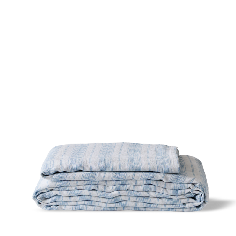 Drap plat en lin lavé - Rayures Toile Bleu Primaire