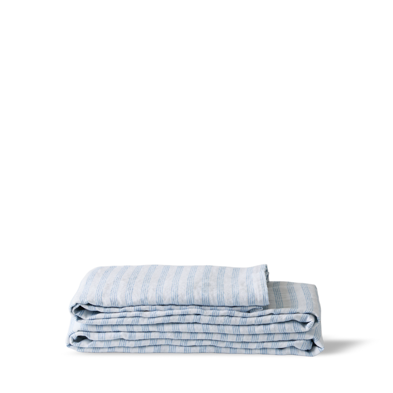 Drap plat en lin lavé - Rayures Pinceau Bleu Primaire