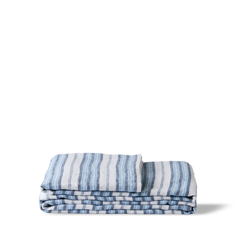 Drap plat en lin lavé - Rayures Palette Bleu Primaire