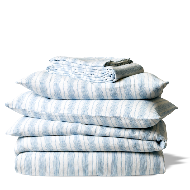 Housse de couette en lin lavé - Rayures Toile Bleu Primaire