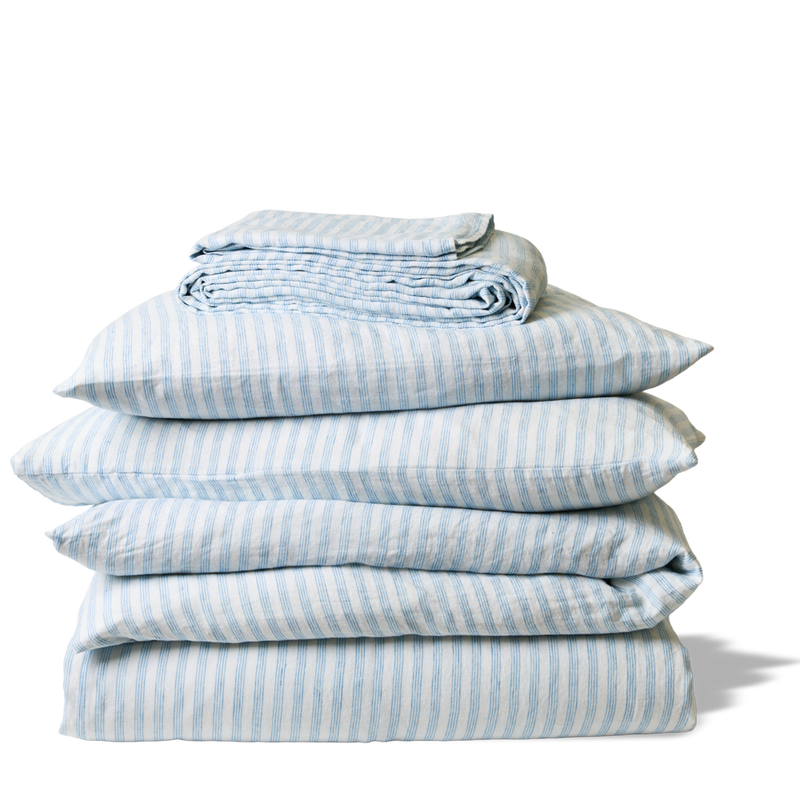 Housse de couette en lin lavé - Rayures Pinceau Bleu Primaire