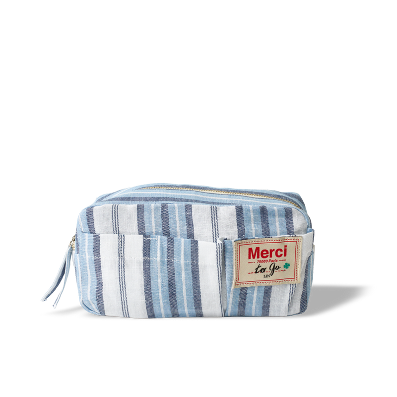Merci - Trousse en lin lavé - Rayures Palette Bleu Primaire