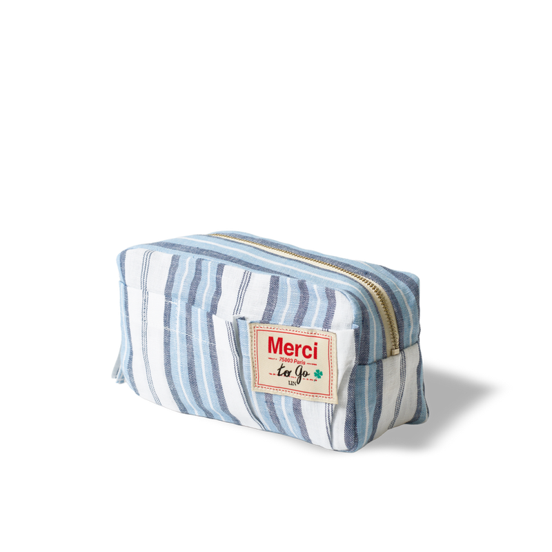 Merci - Trousse en lin lavé - Rayures Palette Bleu Primaire
