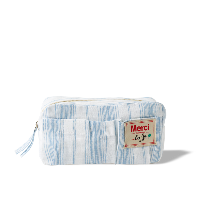 Merci - Trousse en lin lavé - Rayures Toile Bleu Primaire