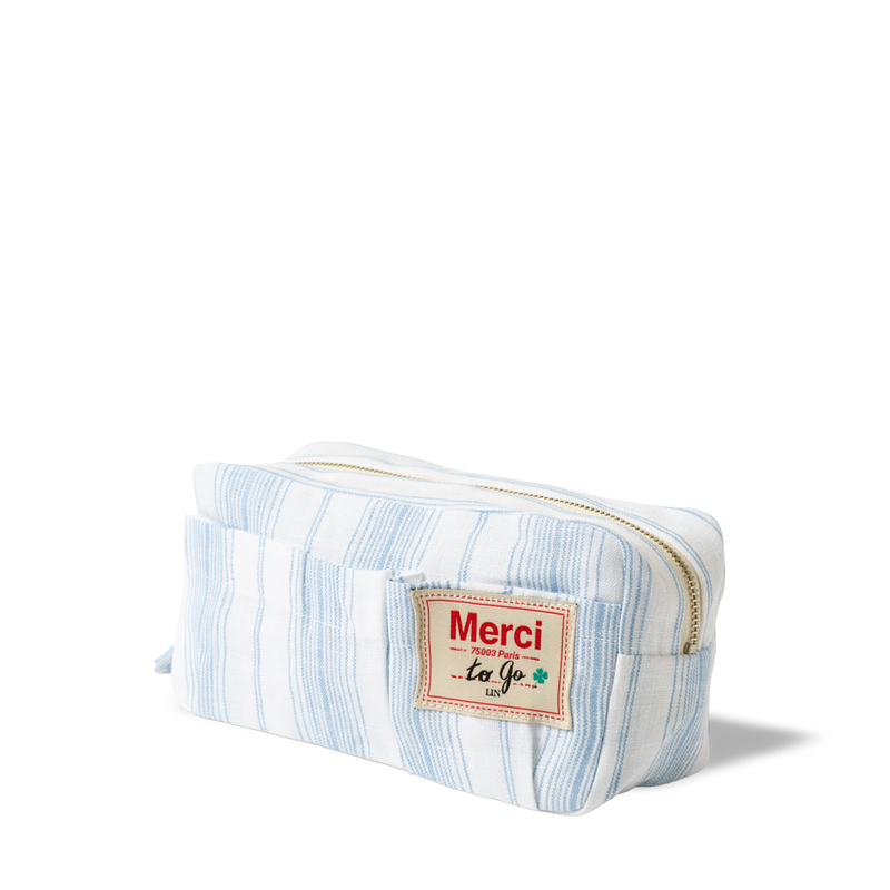 Merci - Trousse en lin lavé - Rayures Toile Bleu Primaire