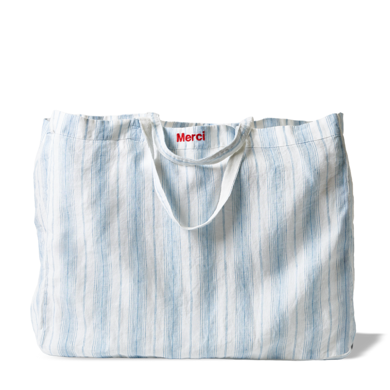 Cabas en lin lavé - Rayures Toile Bleu Primaire