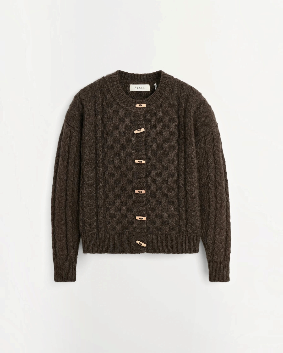 Dark brown wool Merci Paris cardigan with cable knit, round neck and contrasting wooden buttons