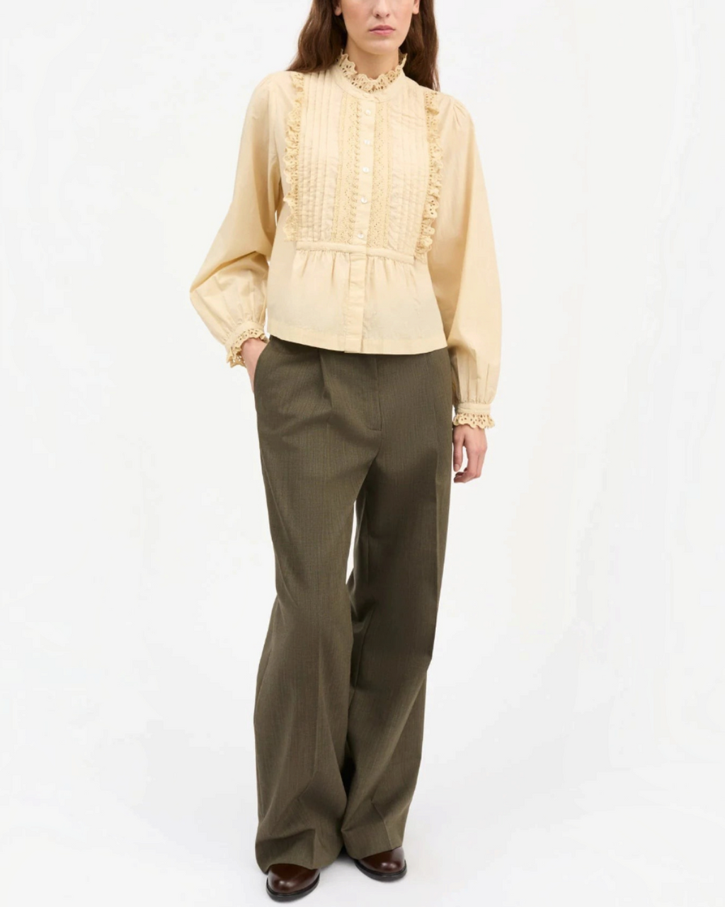 Shirt Merci Paris Skall Studio Lesley shirt in cream organic cotton with ruffled collar, lace and puff sleeves