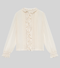 Blouse Merci Paris Dôen Magdeleine en soie écrue avec volants, dentelle délicate et plis nervurés sur le devant