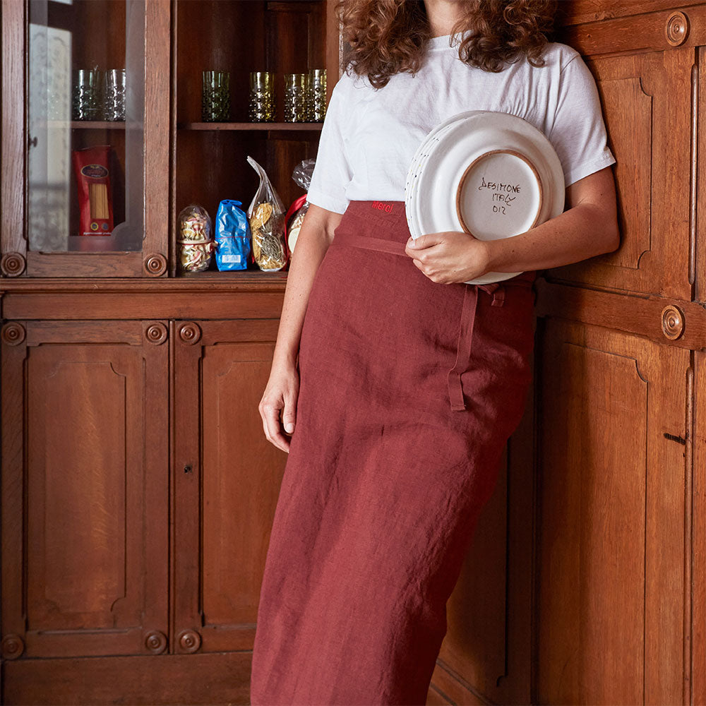 Washed linen apron - Pompei Red