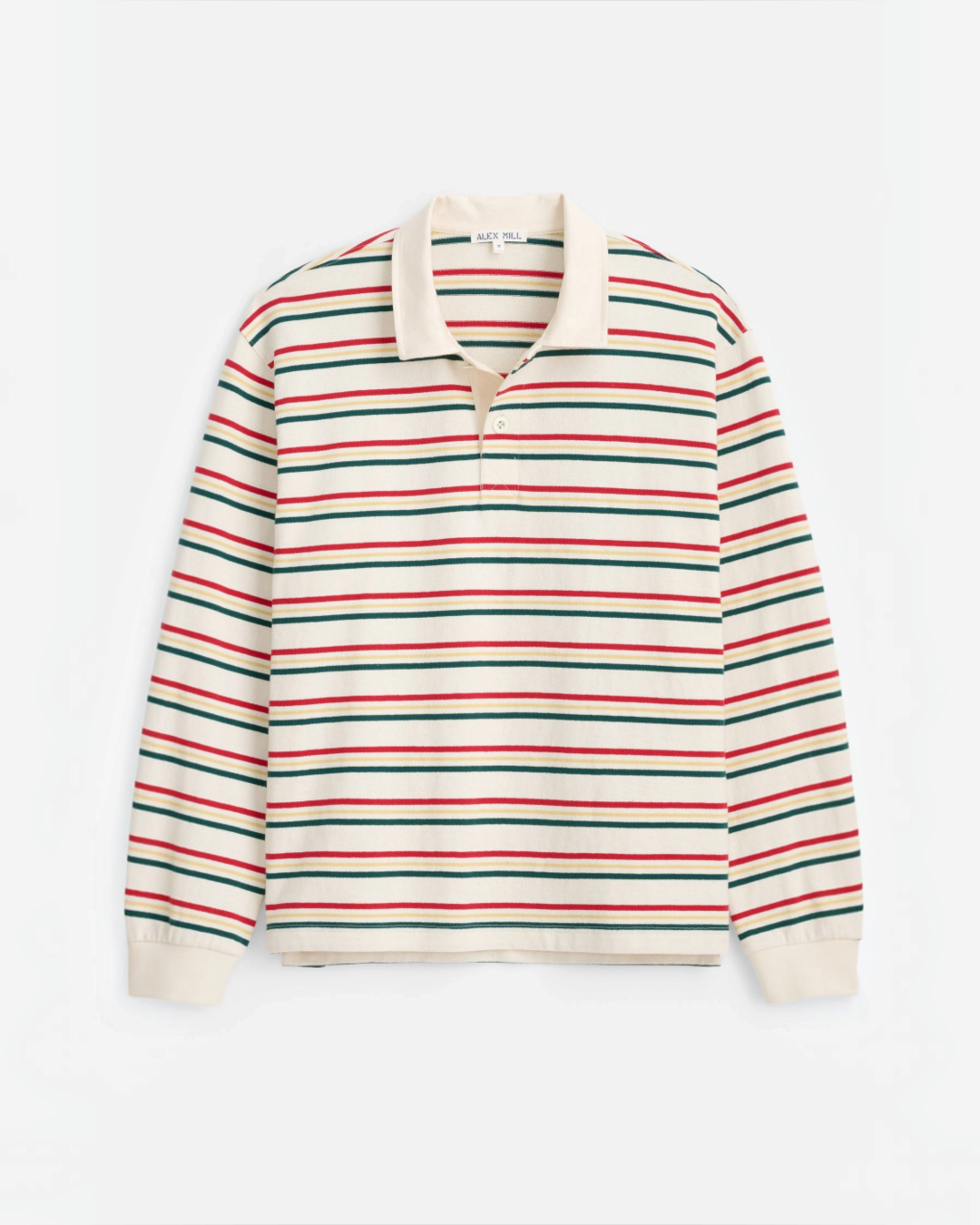 Polo rugby Merci Paris Alex Mill à rayures multicolores sur fond ivoire avec col contrasté en jersey de coton