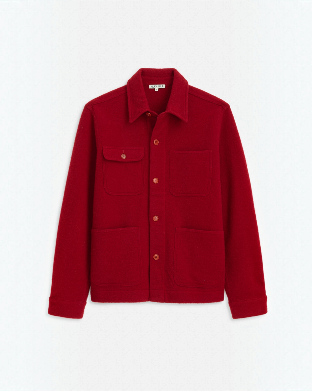 Veste de travail rouge Merci Paris Alex Mill en laine mérinos bouillie avec poches plaquées et boutons en corozo
