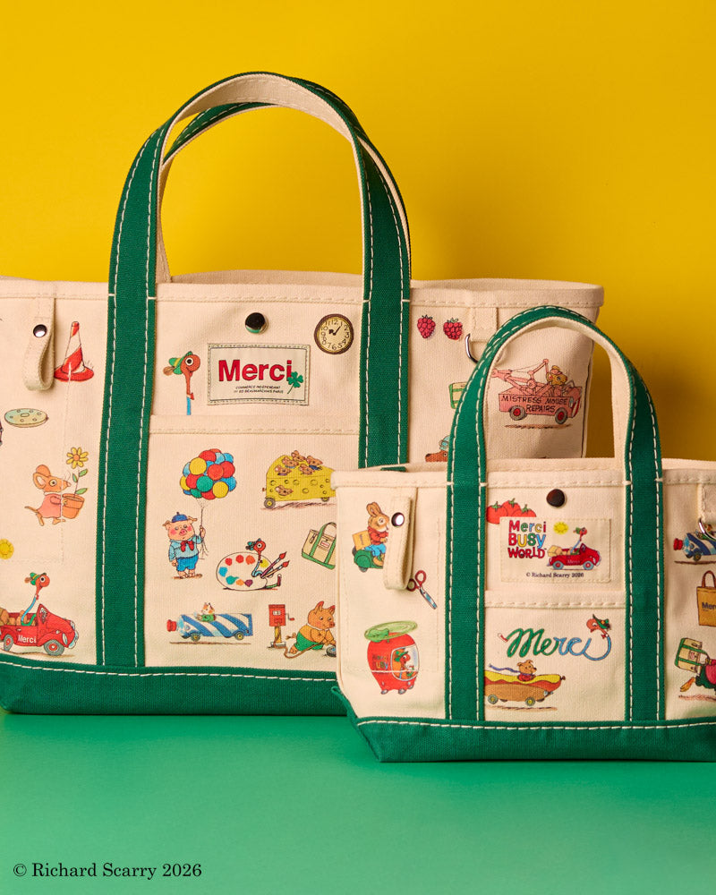 Merci x Richard Scarry - Candide shopping bag on canvas - Green