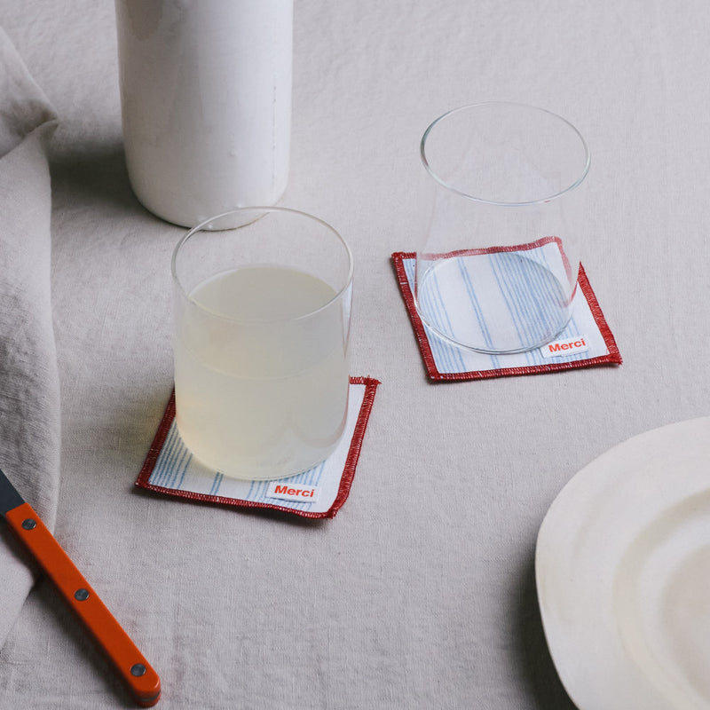 Ensemble de 6 dessous de verre en lin lavé - Rayures Toile Bleu Primaire