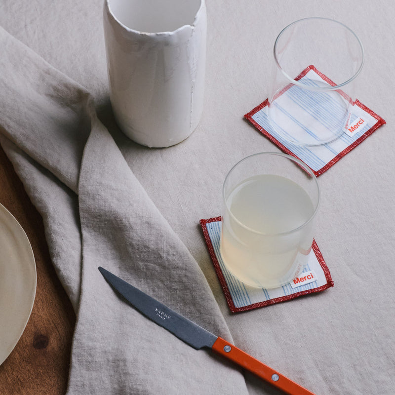Ensemble de 6 dessous de verre en lin lavé - Rayures Toile Bleu Primaire
