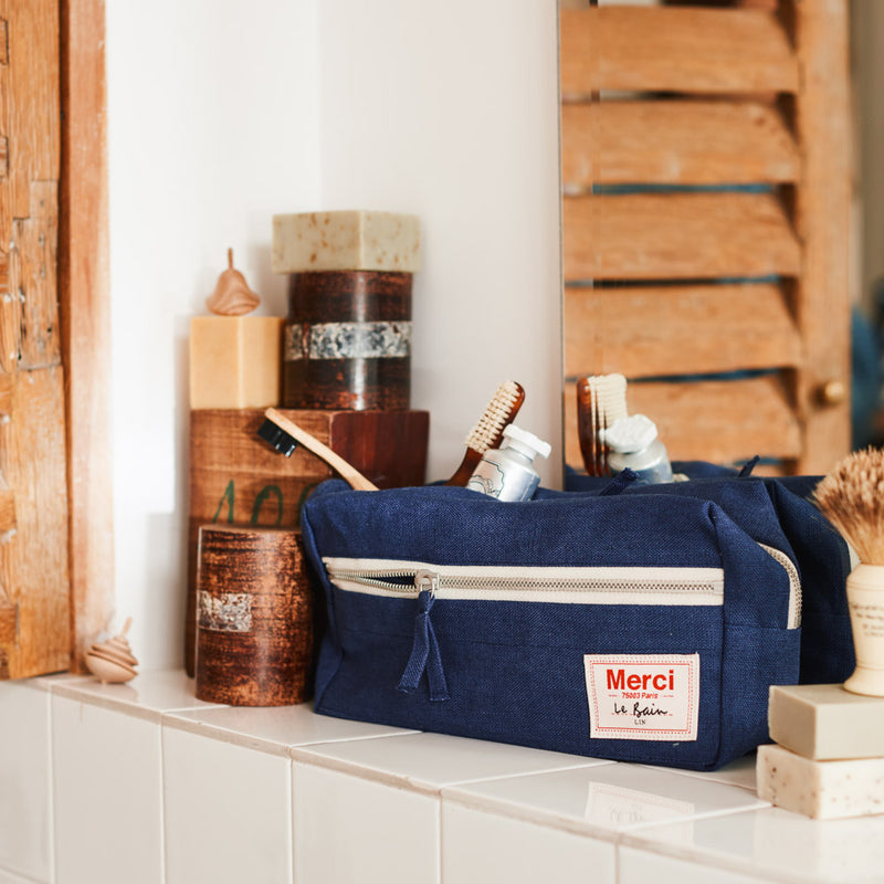 Trousse de toilette en lin lavé - Bleu Shibori