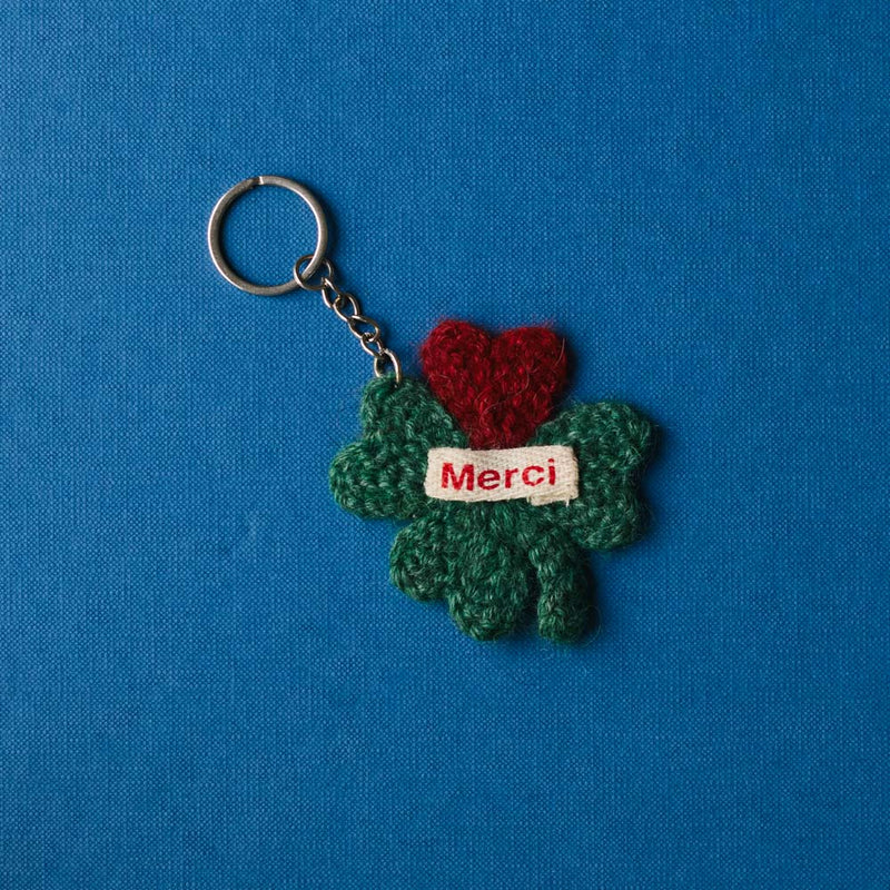 Porte clé Merci en tricot - Trèfle