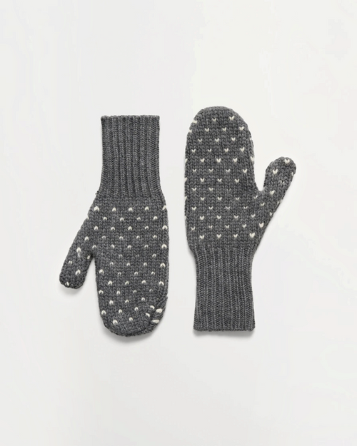 Moufles Merci Paris Skall Studio Misty en laine recyclée grise avec motif jacquard à petits points blancs