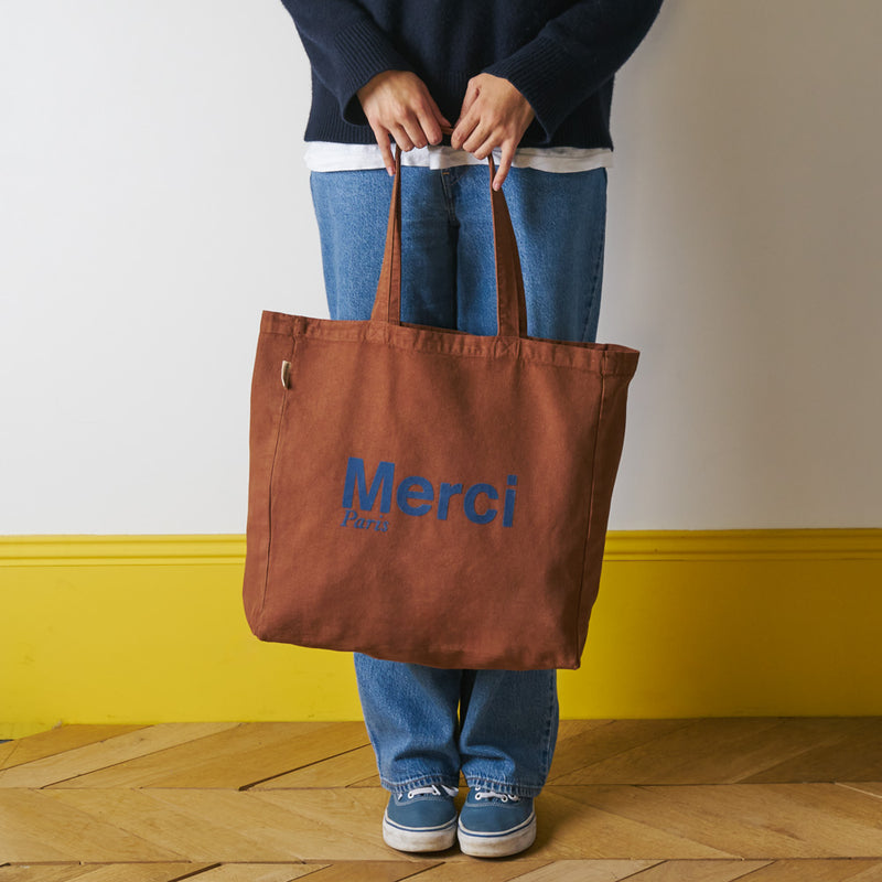 Merci - Tote Bag en coton - Marron & Marine