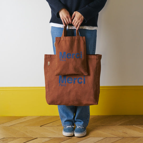 Merci - Tote Bag en coton - Marron & Marine