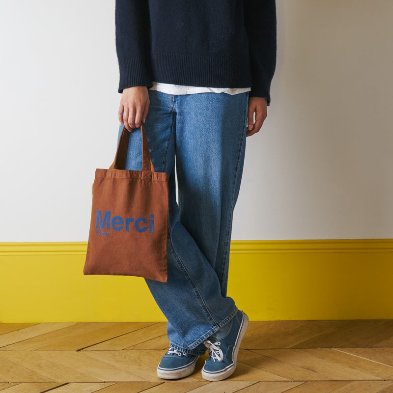 Merci - Tote Bag en coton - Marron & Marine