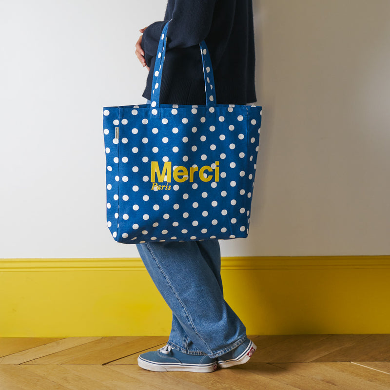 Merci - Tote Bag en coton à Pois - Bleu & Jaune