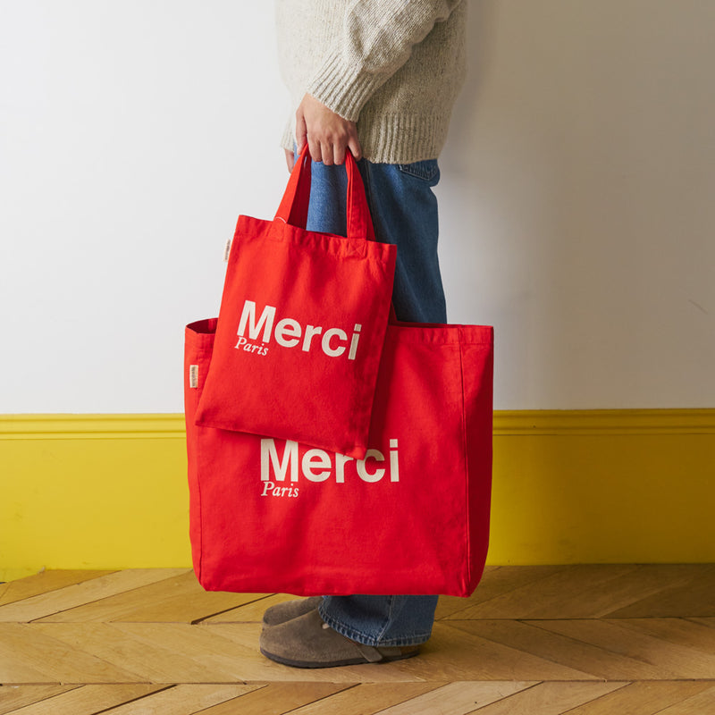 Merci Cotton Tote Bag Red Ecru