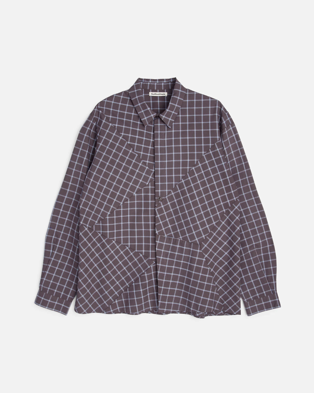 Chemise Merci Paris YMC Substance en coton gris à carreaux avec empiècements asymétriques et coupe décontractée