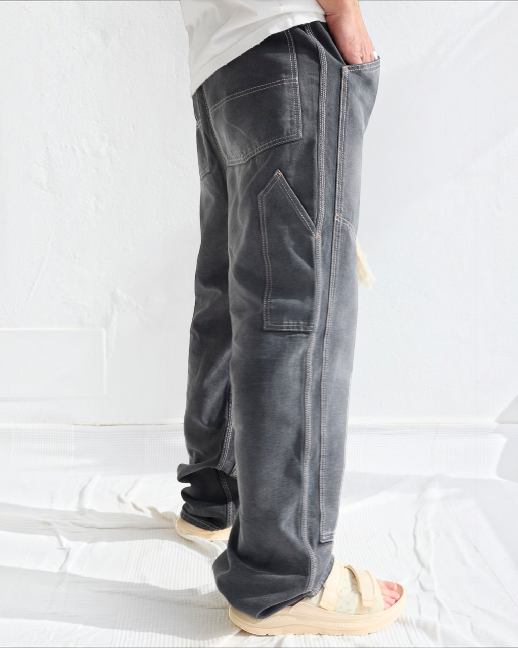 Pantalon carpenter Dr Collectors noir smoke Merci Paris avec doubles genoux et surpiqûres contrastées