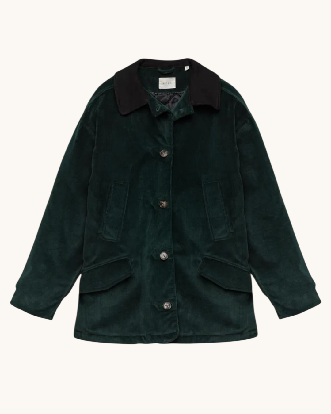 Veste Pemberton Merci Paris en velours côtelé vert profond avec col contrastant en daim et boutons imitation corne