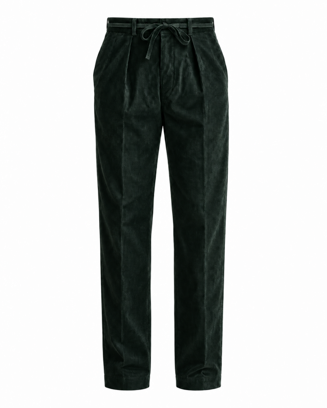 Pantalon Alain Merci Paris en velours côtelé vert foncé avec taille ajustable par cordon de serrage