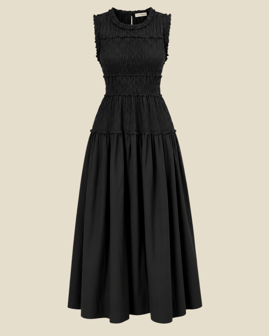 Robe midi noire Merci Paris Dôen Mallory en popeline de coton biologique avec buste smocké et jupe ample froncée