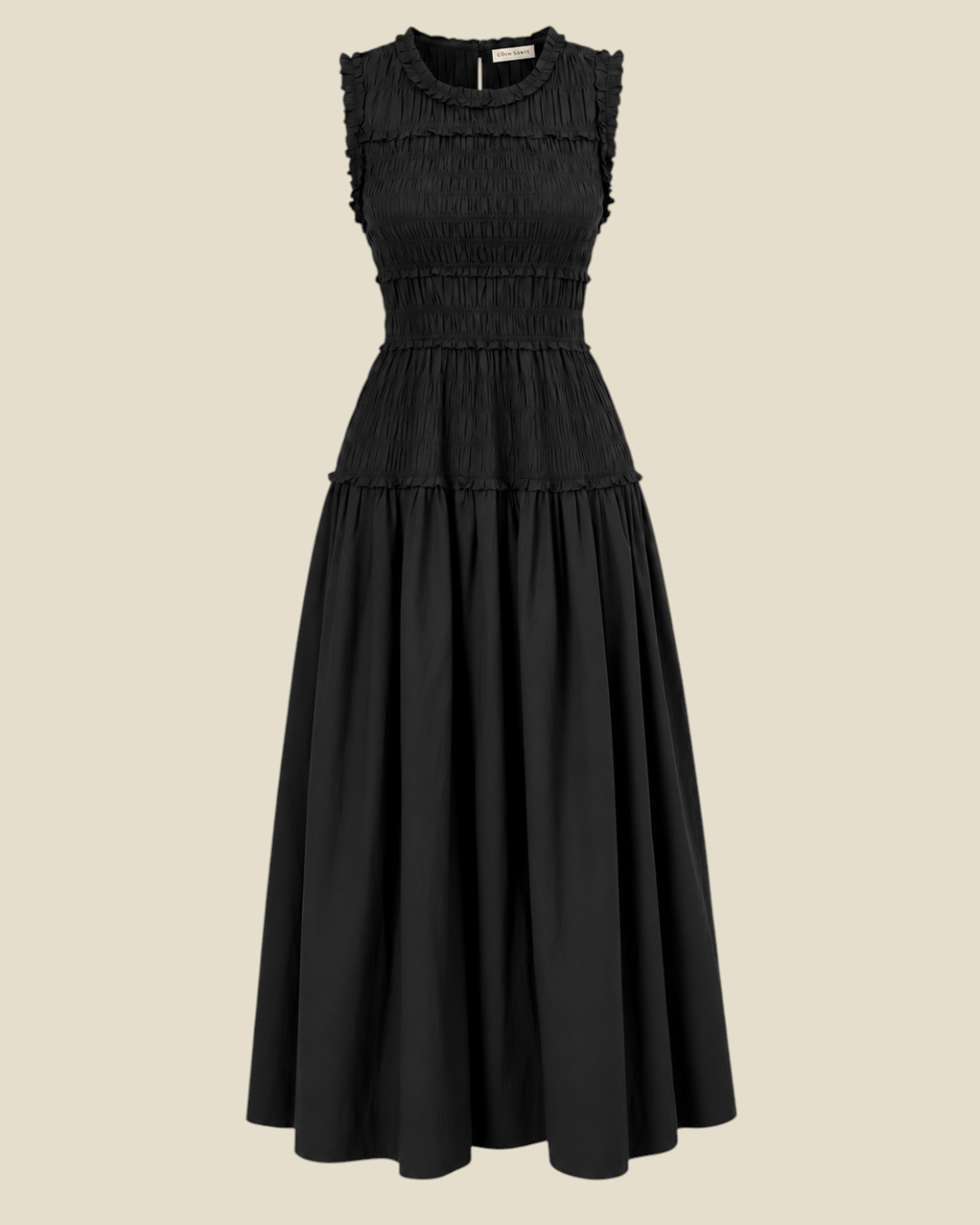 Robe midi noire Merci Paris Dôen Mallory en popeline de coton biologique avec buste smocké et jupe ample froncée