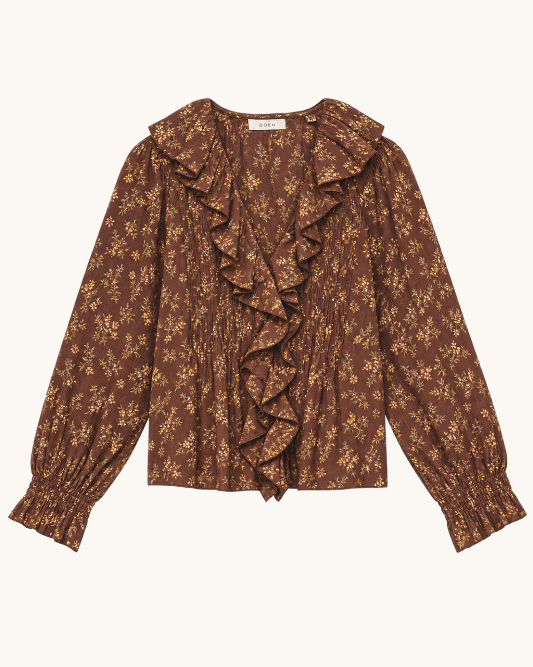 Blouse Merci Paris Dôen Hardy marron en coton biologique avec imprimé floral, col volanté et manches longues