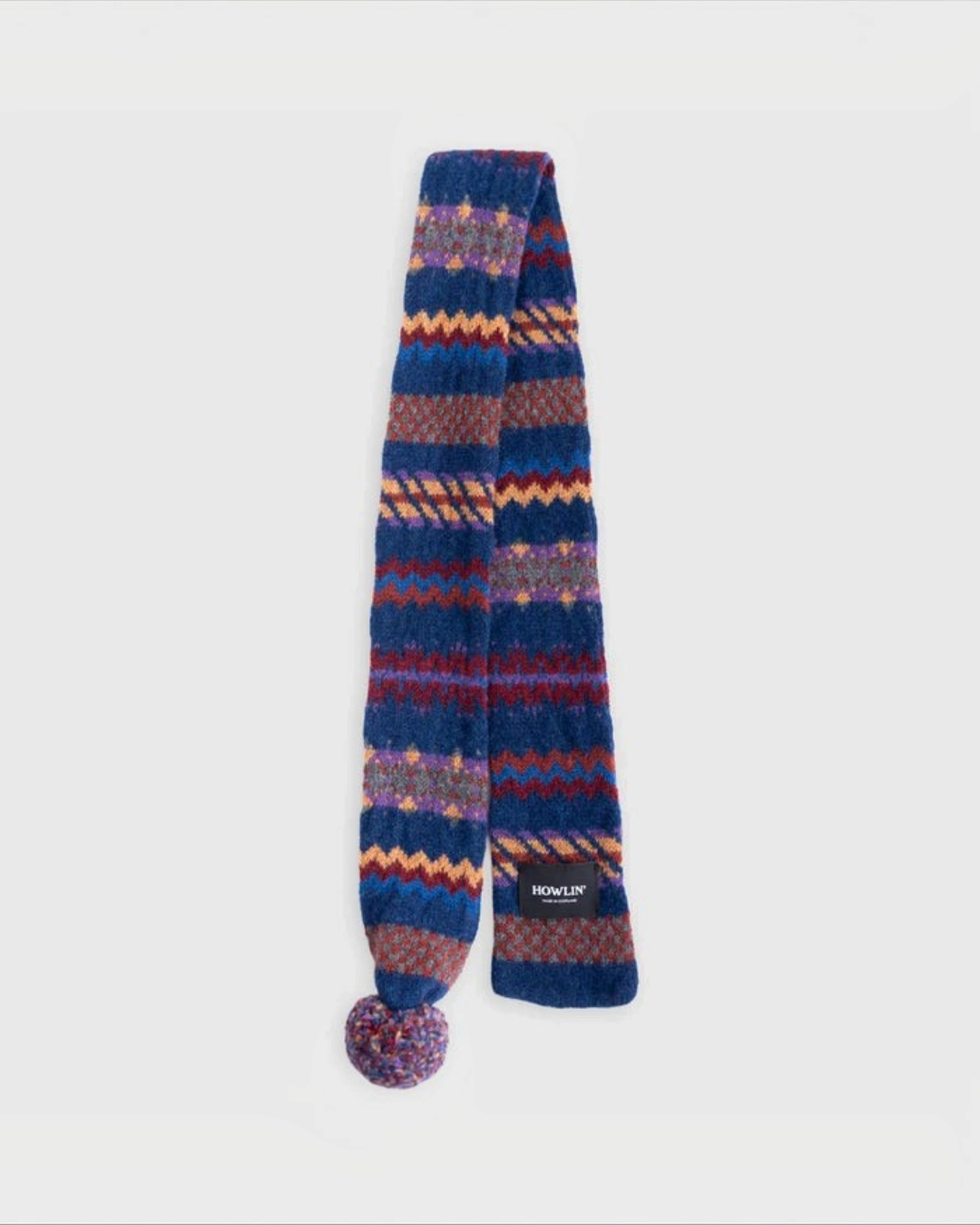 Écharpe Merci Paris Howlin' Small Woolen Wonder en laine d'agneau bleu marine avec motif Fair Isle et pompon