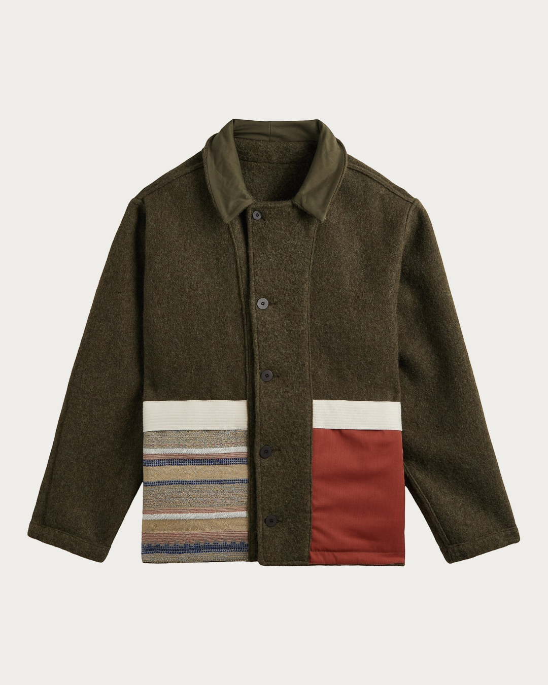 Veste réversible Merci Paris Homecore en laine bouillie vert olive avec détails contrastés et boutonnage
