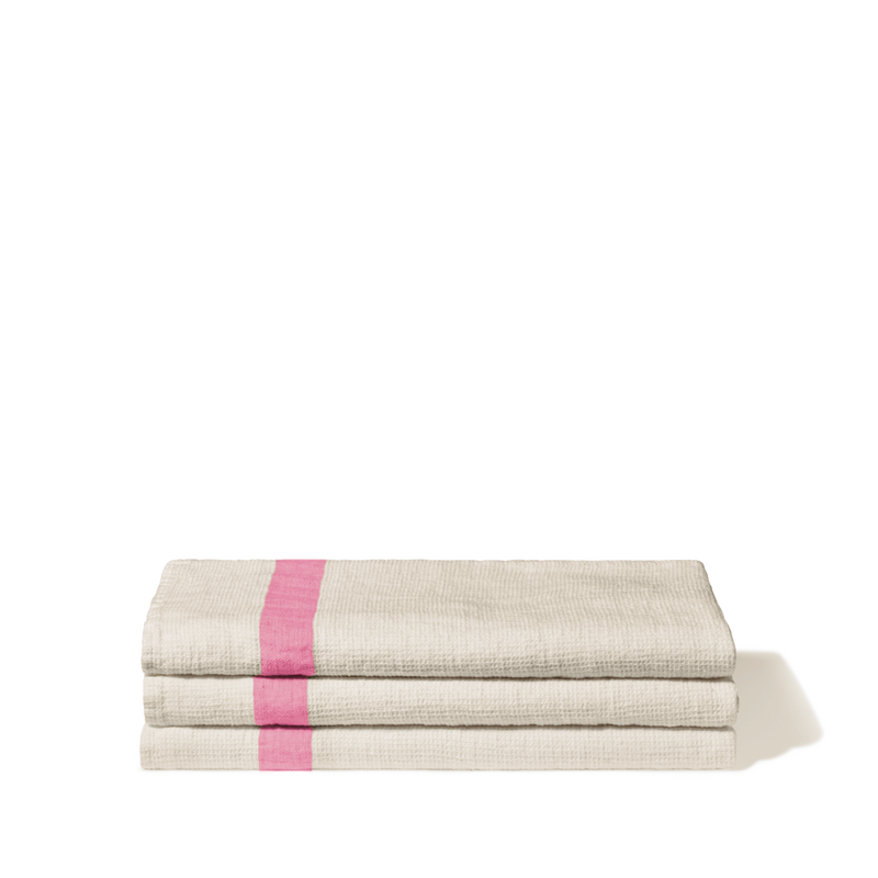 Serviette de bain en lin - Nid d'abeille - Bande Rose Garance