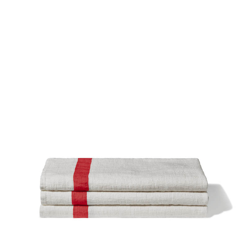 Serviette de bain en lin - Nid d'abeille - Bande Rouge Vermillon