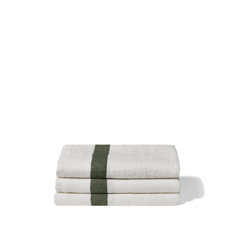 Serviette de bain en lin - Nid d'abeille - Bande Vert Oxyde
