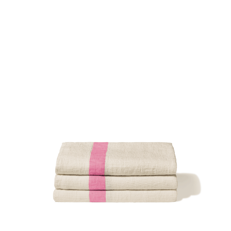 Serviette de bain en lin - Nid d'abeille - Bande Rose Garance