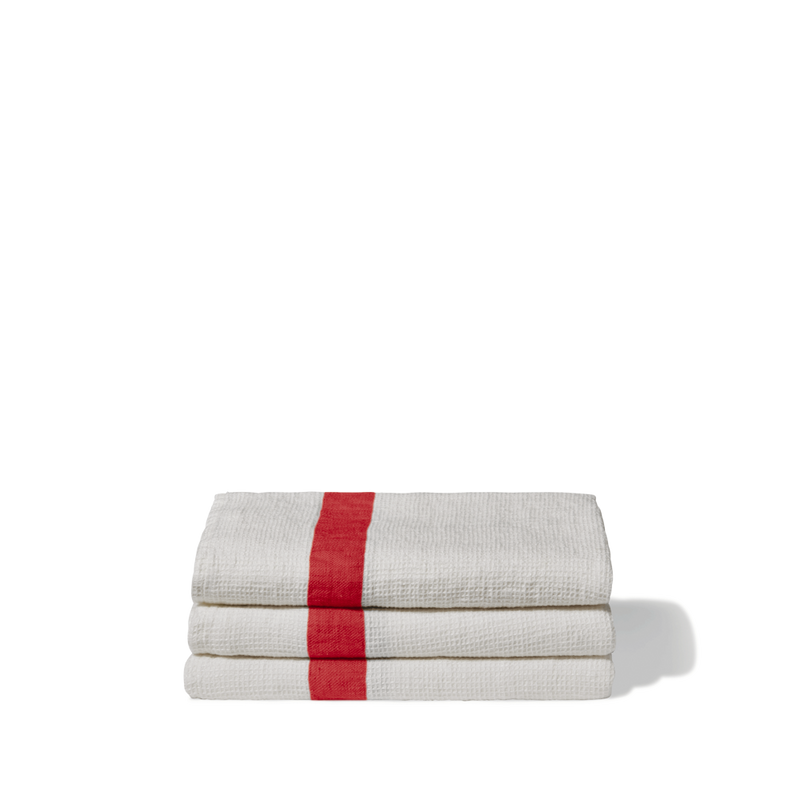 Serviette de bain en lin - Nid d'abeille - Bande Rouge Vermillon