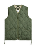 Gilet matelassé Merci Paris Taion vert olive avec col en V, fermeture zippée et motif onion quilt militaire