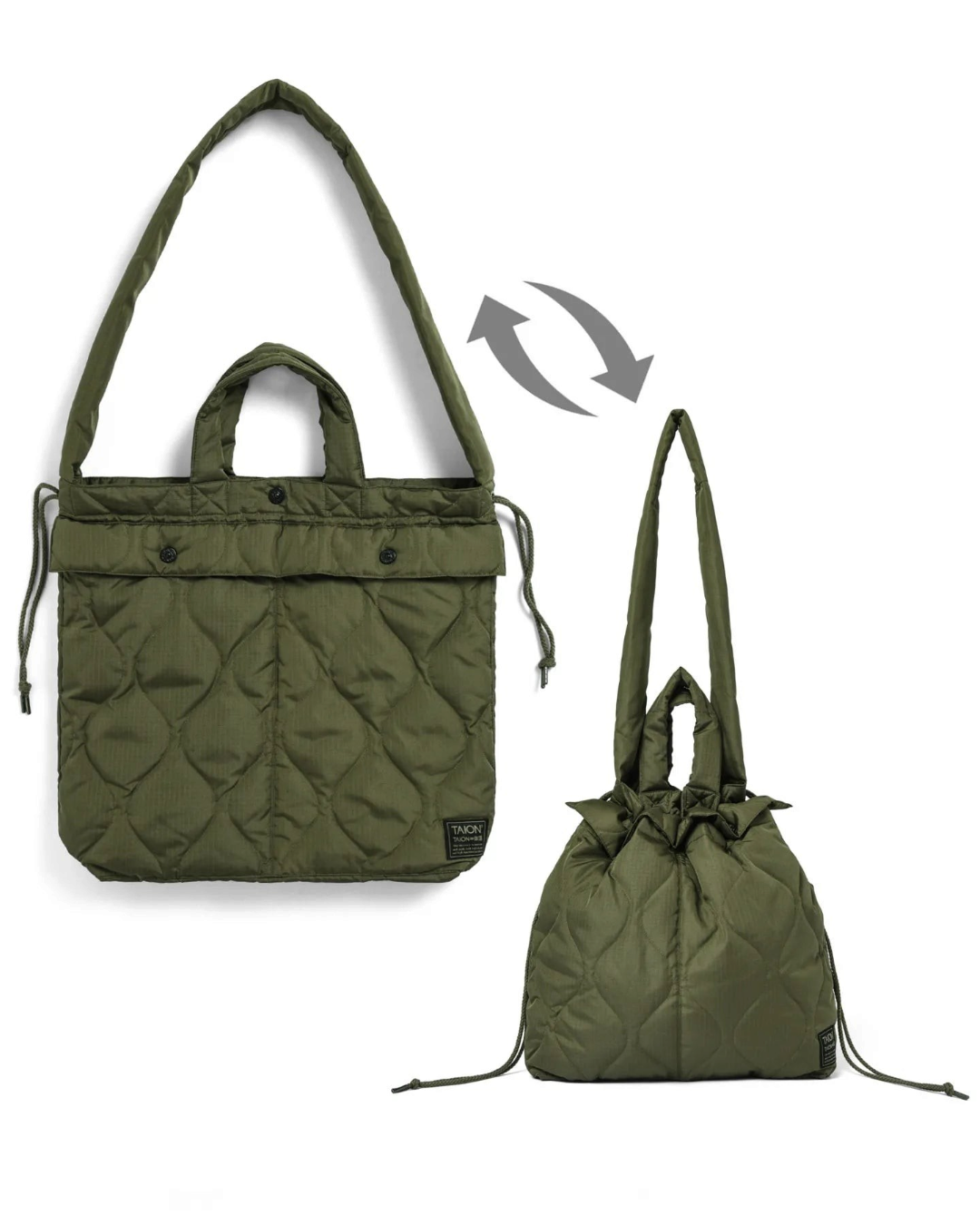 Sac helmet Merci Paris Taion en nylon ripstop matelassé olive avec cordon de serrage et anses modulables