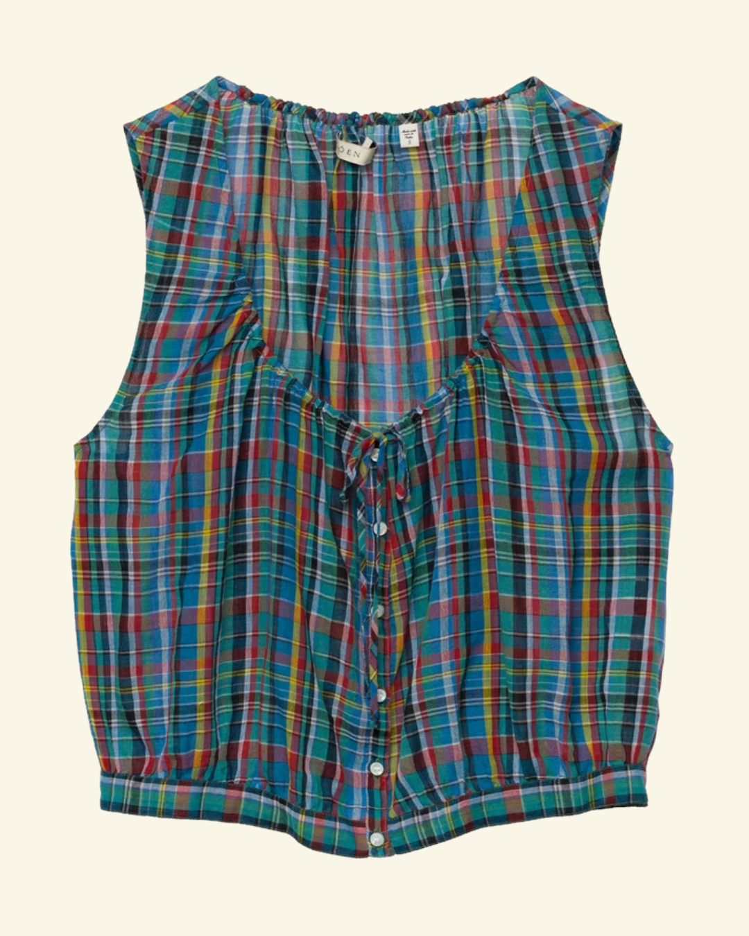 Blouse sans manches Merci Paris Dôen Theo en voile de coton biologique à carreaux multicolores avec boutons en nacre