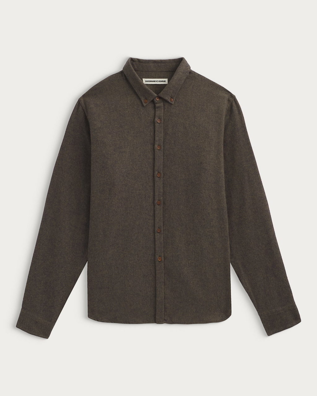 Chemise Merci Paris Homecore Tokyo Alaska en flanelle de coton kaki foncé avec col boutonné et boutons en corne