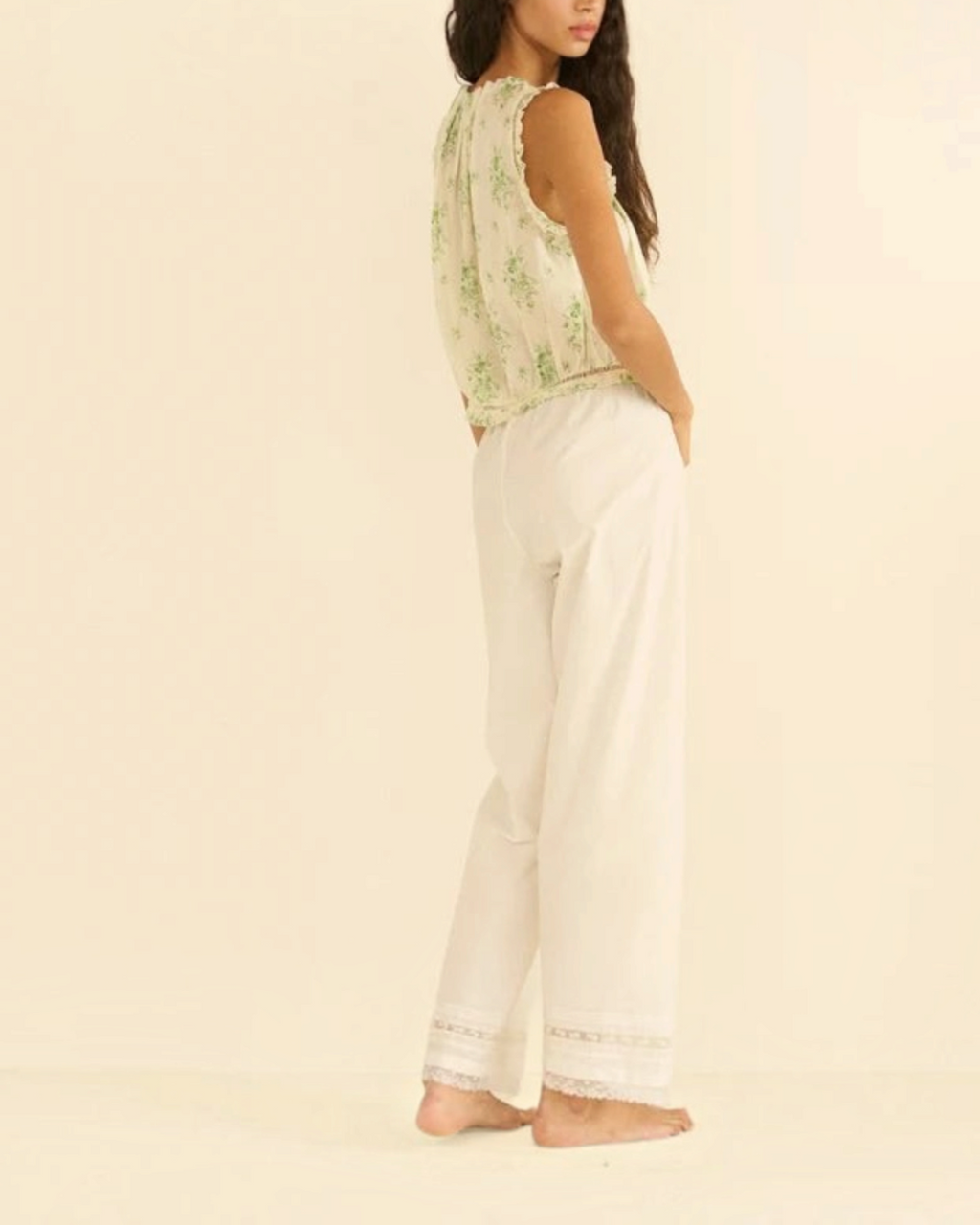 Blouse sans manches Merci Paris Dôen en coton biologique vert à motif floral avec finitions en dentelle picot