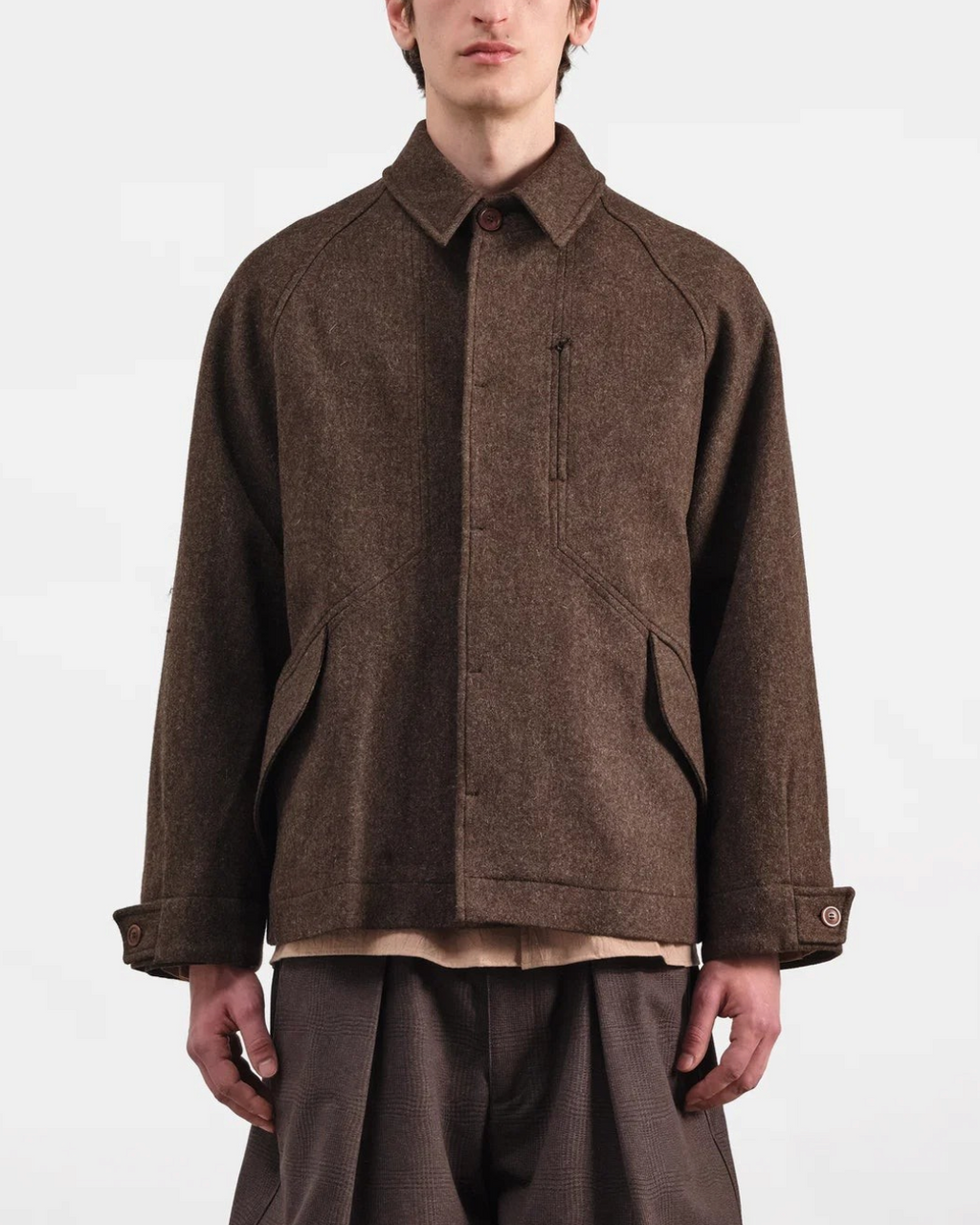 Veste Harrison Merci Paris en drap de laine Melton marron, coupe oversize unisexe avec manches raglan