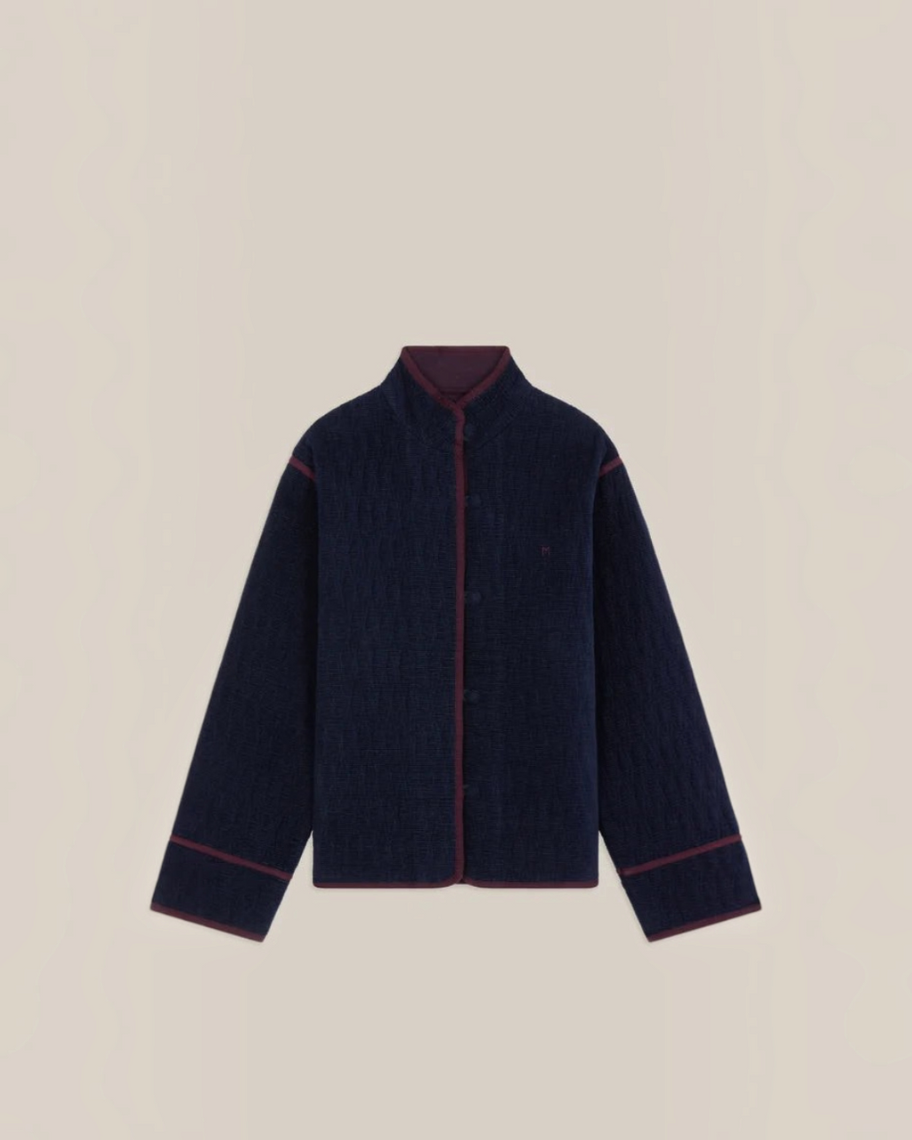 Veste Marianne Merci Paris en velours de coton bleu marine avec passepoil contrastant et boutons recouverts
