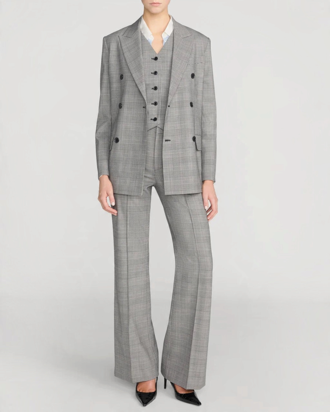 Ensemble tailleur Merci Paris Frame composé d'un blazer croisé et d'un pantalon à carreaux gris en laine mélangée